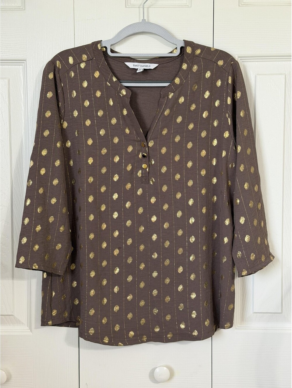 Emily Daniels Top Womens PM Brown Metallic Dot 3/4 Sleeve Henley Tunic Blouse